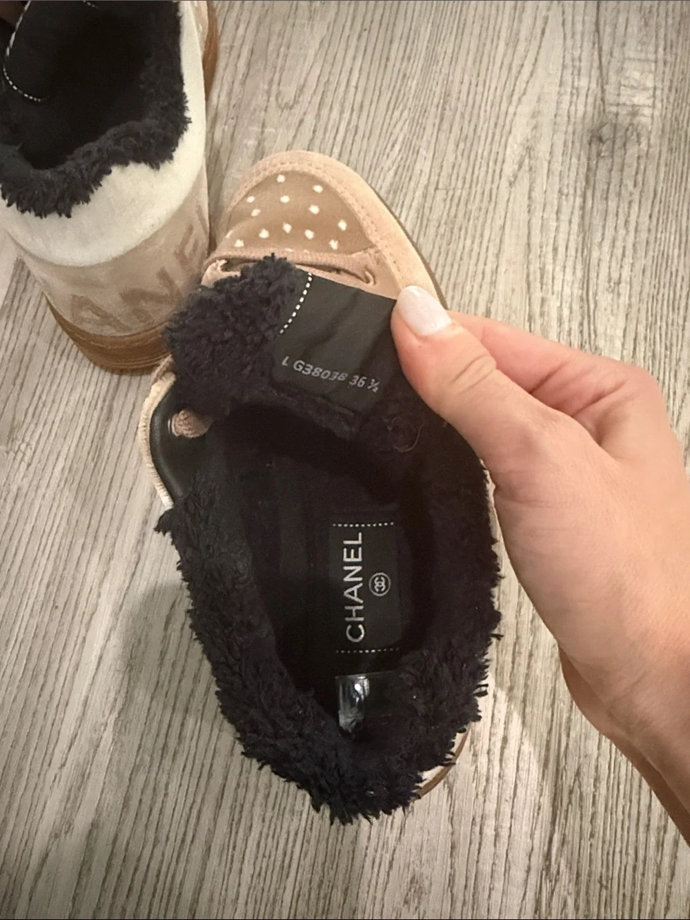 Chanel Women’s Tan Suede Polka-Dot Lined Sneakers